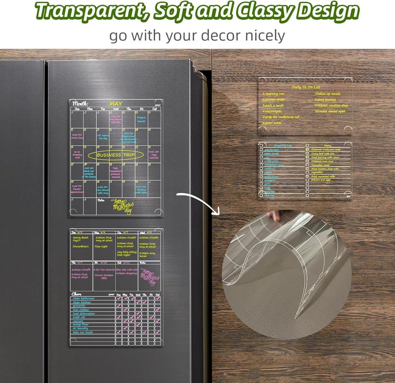 JJPRO Non-Magnetic Dry Erase Calendar - Monthly & Weekly Chart, List & Blank Board for Smooth Surfaces. Clear Reusable Calendar Sticks to Fridge, Cabinet, Door & Glass - Image 3